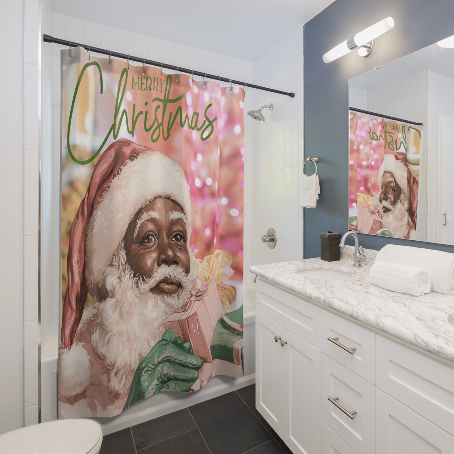 African American Santa Christmas Shower Curtains, Pink and Green Holiday Bathroom Decor, Festive Xmas Home Accessories, Unique Black Santa