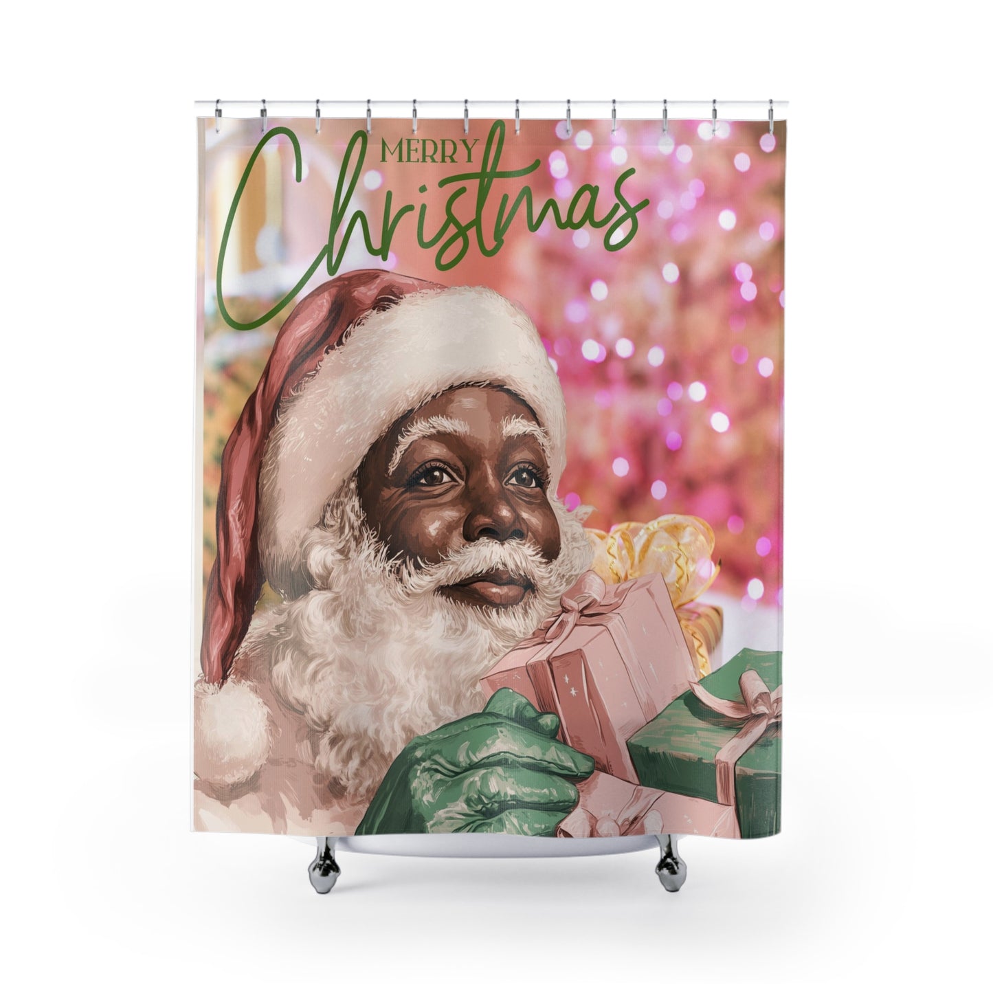 African American Santa Christmas Shower Curtains, Pink and Green Holiday Bathroom Decor, Festive Xmas Home Accessories, Unique Black Santa