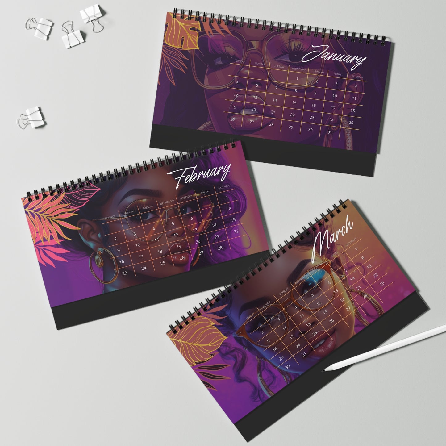 2025 Calendar Featuring Beautiful African American Women with Stylish Eyeglasses - Unique AI Art Design