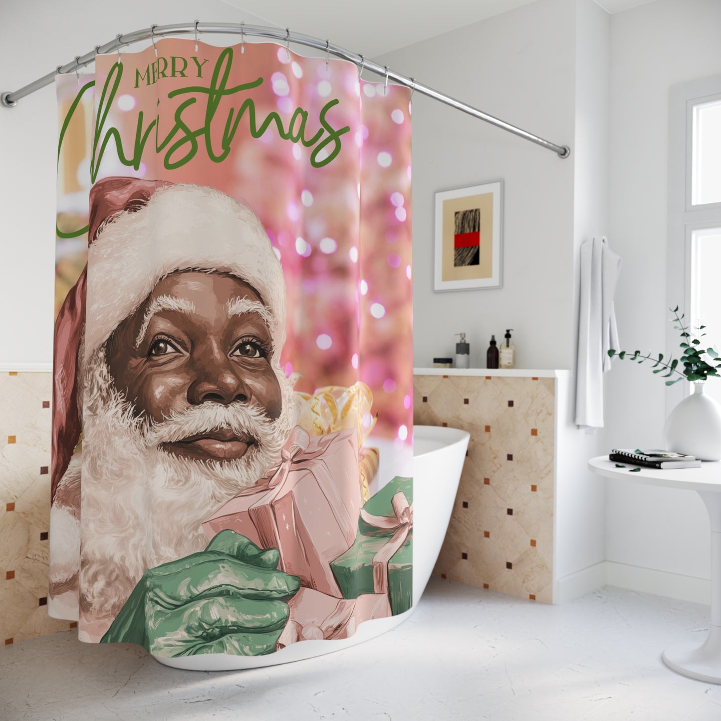 African American Santa Christmas Shower Curtains, Pink and Green Holiday Bathroom Decor, Festive Xmas Home Accessories, Unique Black Santa