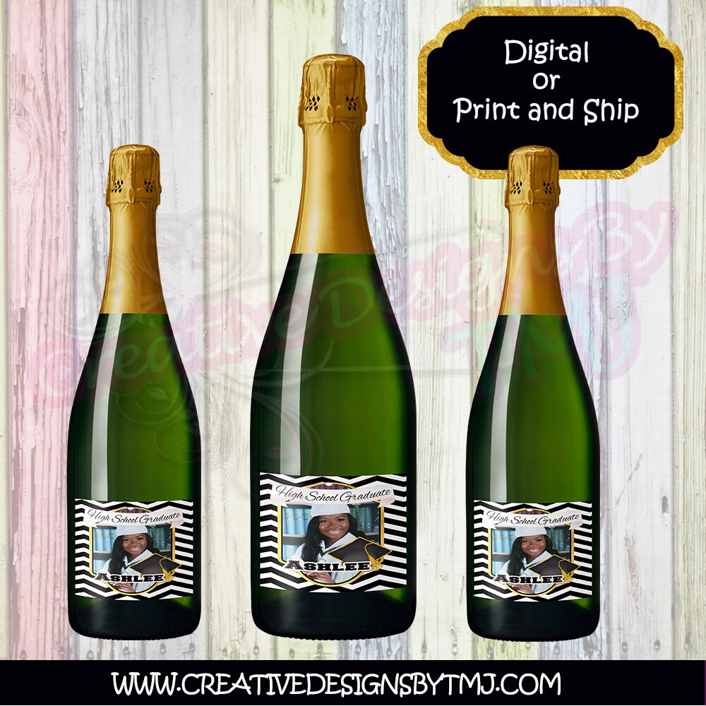 Graduation water bottle label Baby Birthday Personalized water bottle labels Graduations Treat Black and Gold Shower Favor Champagne Labels