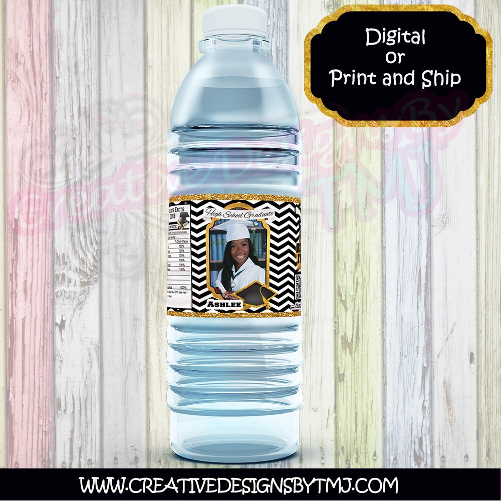Graduation water bottle label Baby Birthday Personalized water bottle labels Graduations Treat Black and Gold Shower Favor Champagne Labels