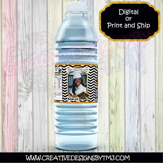 Graduation water bottle label Baby Birthday Personalized water bottle labels Graduations Treat Black and Gold Shower Favor Champagne Labels