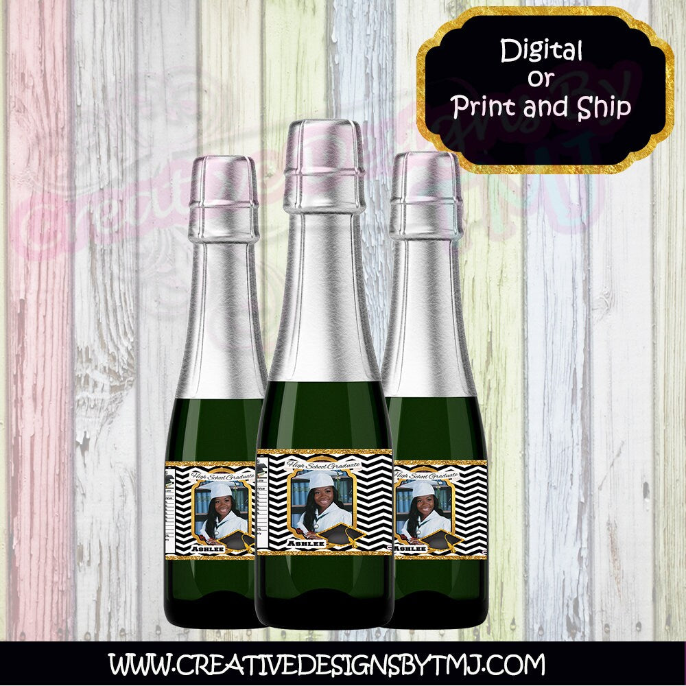 Graduation water bottle label Baby Birthday Personalized water bottle labels Graduations Treat Black and Gold Shower Favor Champagne Labels