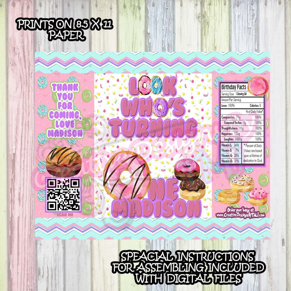 DONUT Chip Bag Doughnut Girl Chip Bag Custom Chip bag Donut Party Favor Cute Bags Doughnut 1st Birthday Chip Bag Pink First Birthday ChipBag