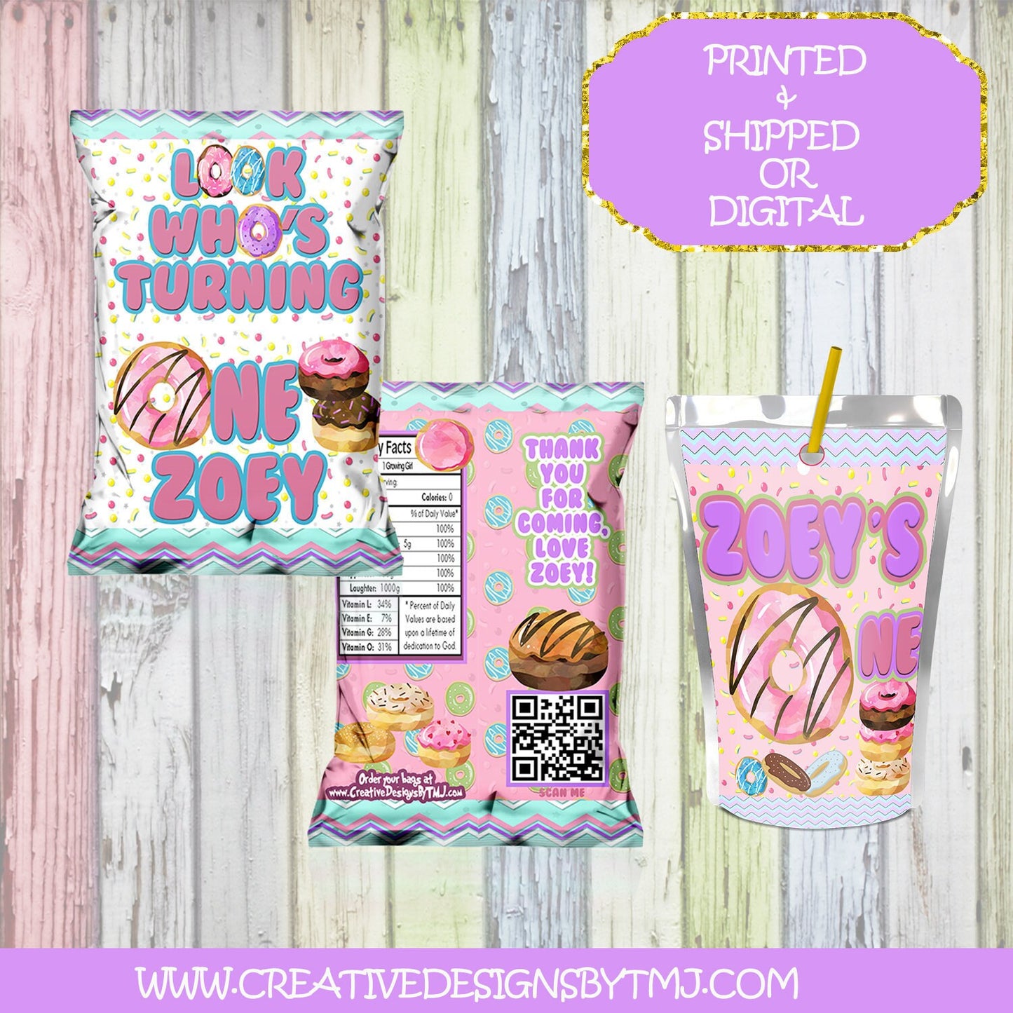 Donut Chip Bags Donut Juice Pouch Donut 1st Birthday Doughnut Capri Sun Label Donut favors Donut Invite Doughnut Bag Donut Candy Wrapper