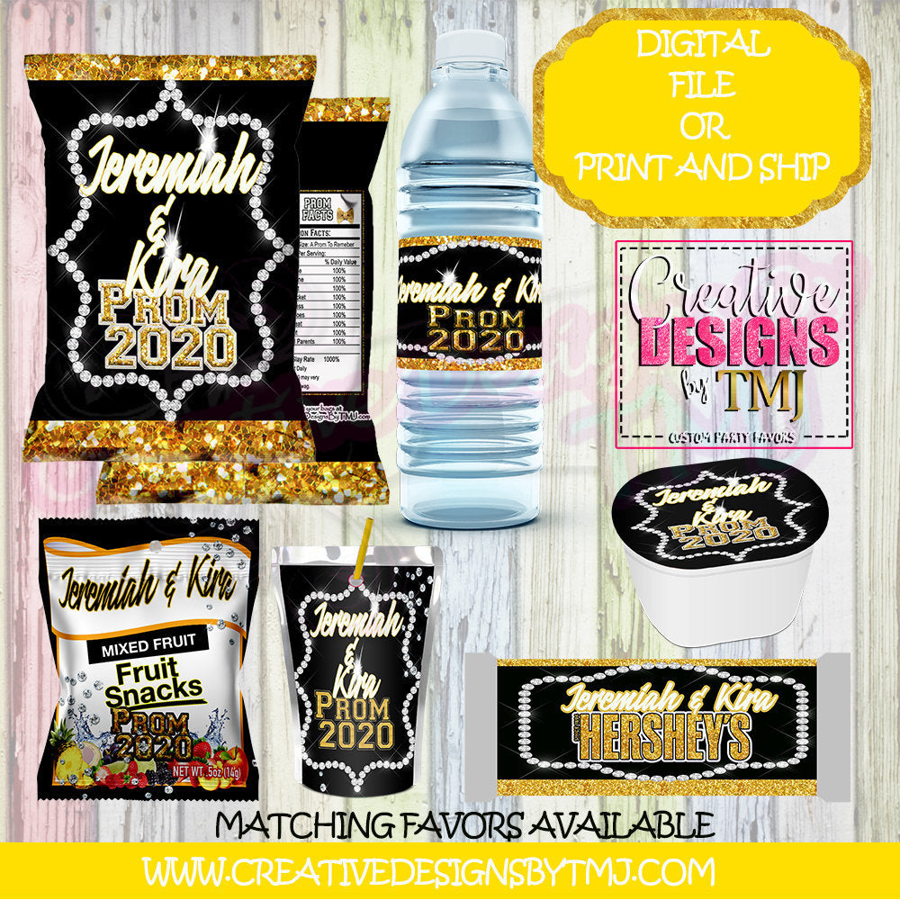 PROM SENDOFF Favors Prom Stack Chips Prom Party Favors Wedding Favor Diamond Chip Bag Favor Water Bottle Labels Juice Fruit Snacks Candy Bar