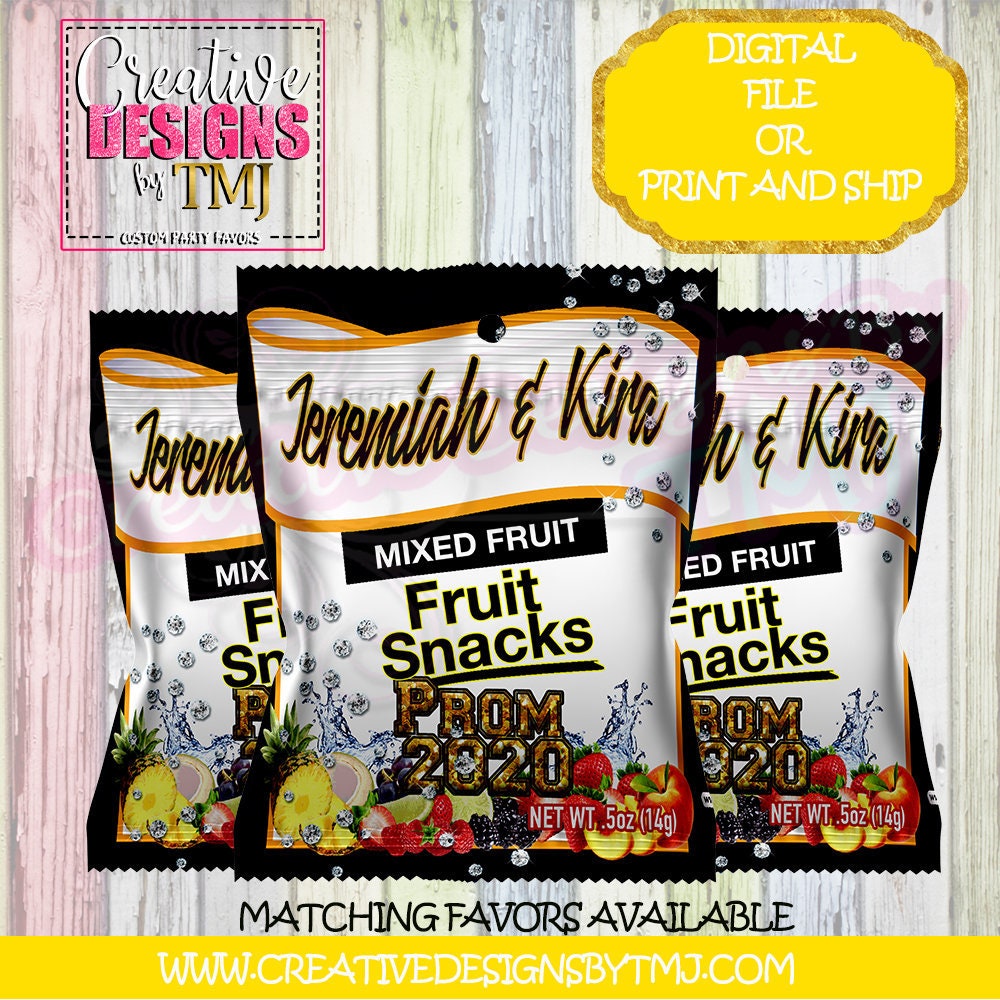 PROM SENDOFF Favors Prom Fruit Snacks Black Fruit Snack Prom Party Favors Wedding Favor Prom Water Bottle Labels Juice Labels Prom Candy Bar