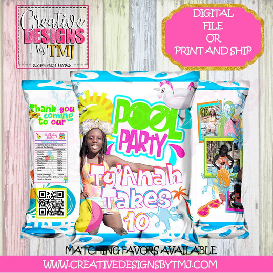 Pool Party Chip Bag Pool Party Favors Birthday Favors Beach Party Chip Bag Favor Pool Party Water Bottle Labels Juice Fruit Snacks Candy Bar