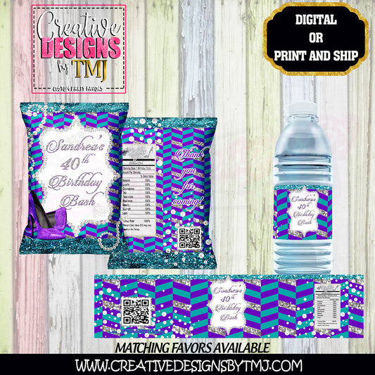 PURPLE AND TURQUOISE Favors Birthday Favors Purple Chip Bag Favor Turquoise Party Favors Water Bottle Labels Juice Fruit Snacks Candy Bar