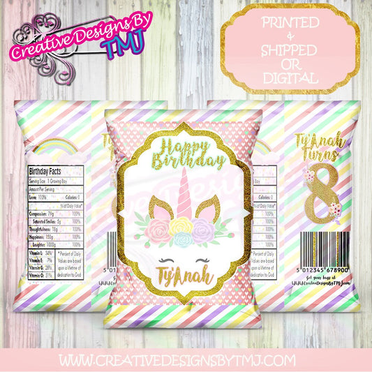 Unicorn Chip Bag Gold Unicorn Chipbags Custom Chip bag  Gold Glitter Bags Cute Bags Birthday Chip Bag Pink Chip Bag Unicorn and Flowers Bags
