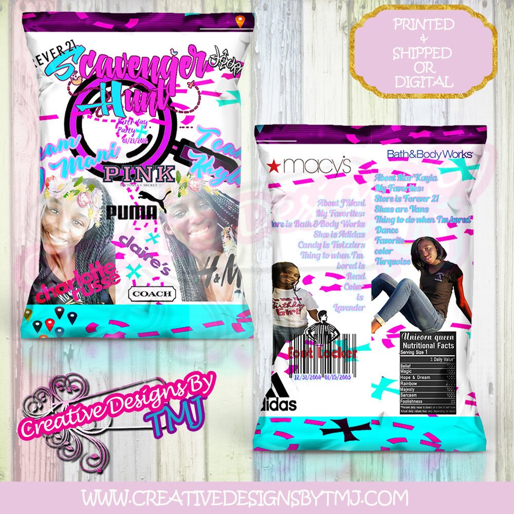 SCAVENGER HUNT Chip Bag Scavenger Chipbags Custom Chip bag  Purple Bags Turquoise Chip Bag Treasure Hunt Chip Bag Mall Hunt Chip Bag
