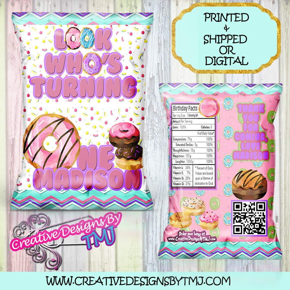 DONUT Chip Bag Doughnut Girl Chip Bag Custom Chip bag Donut Party Favor Cute Bags Doughnut 1st Birthday Chip Bag Pink First Birthday ChipBag