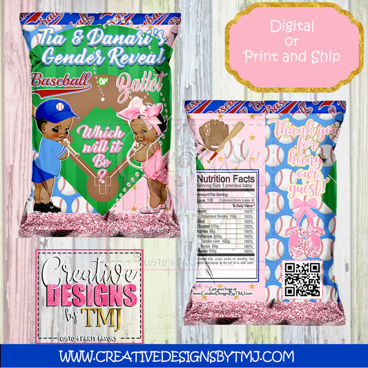 Gender Reveal Chipbag Baseball or Ballet Gender Reveal Chip Bag Gender Reveal Party Favor Gender Reveal Favor Baseball or Ballet Baby Shower