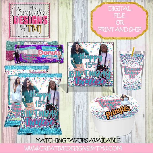 CONFETTI LET'S PARTY Party Favors Let's Party Chip Bag Let's Party Favors Birthday Favors Confetti Let's Party Juice Donuts Stack Chips