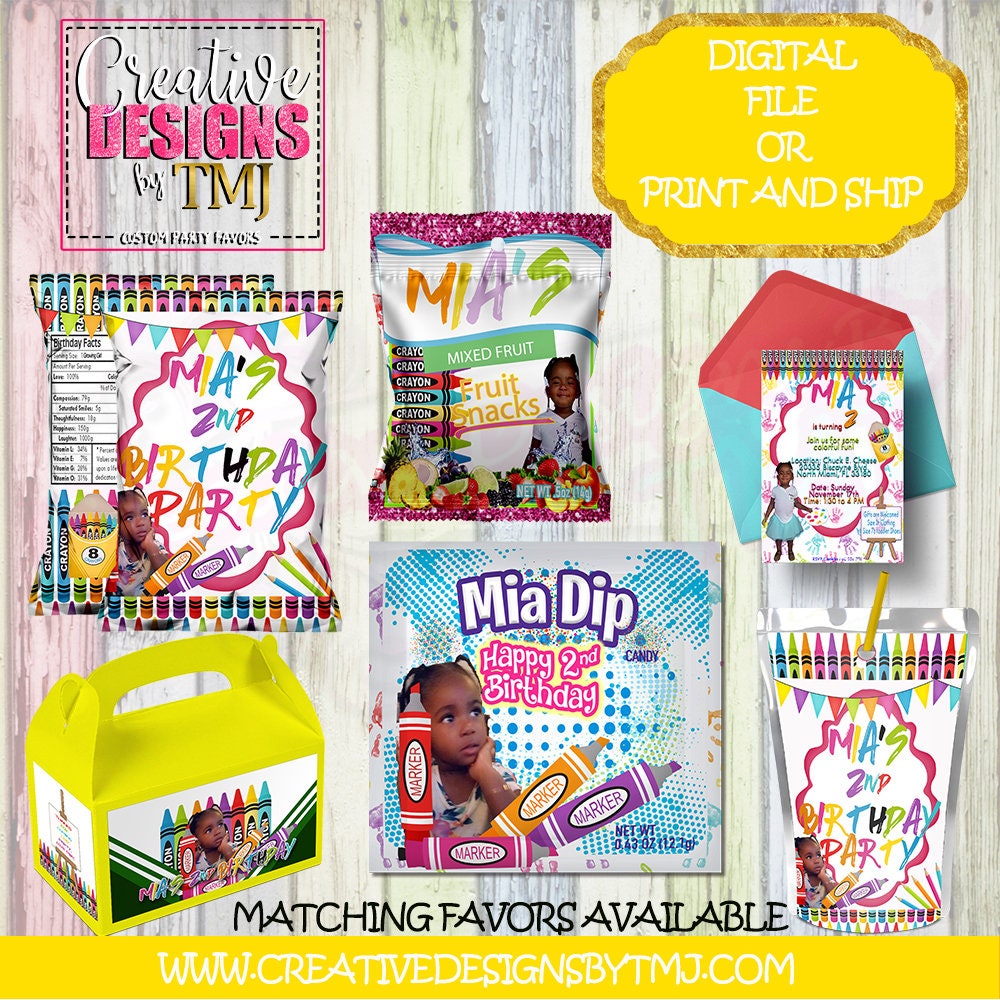 CRAYON PARTY FAVORS Crayon Party Chip Bag Favors Crayon Favors Crayon Party Kool Aid Jammers Crayon Party Chip Bag Labels Juice Fruit Snacks