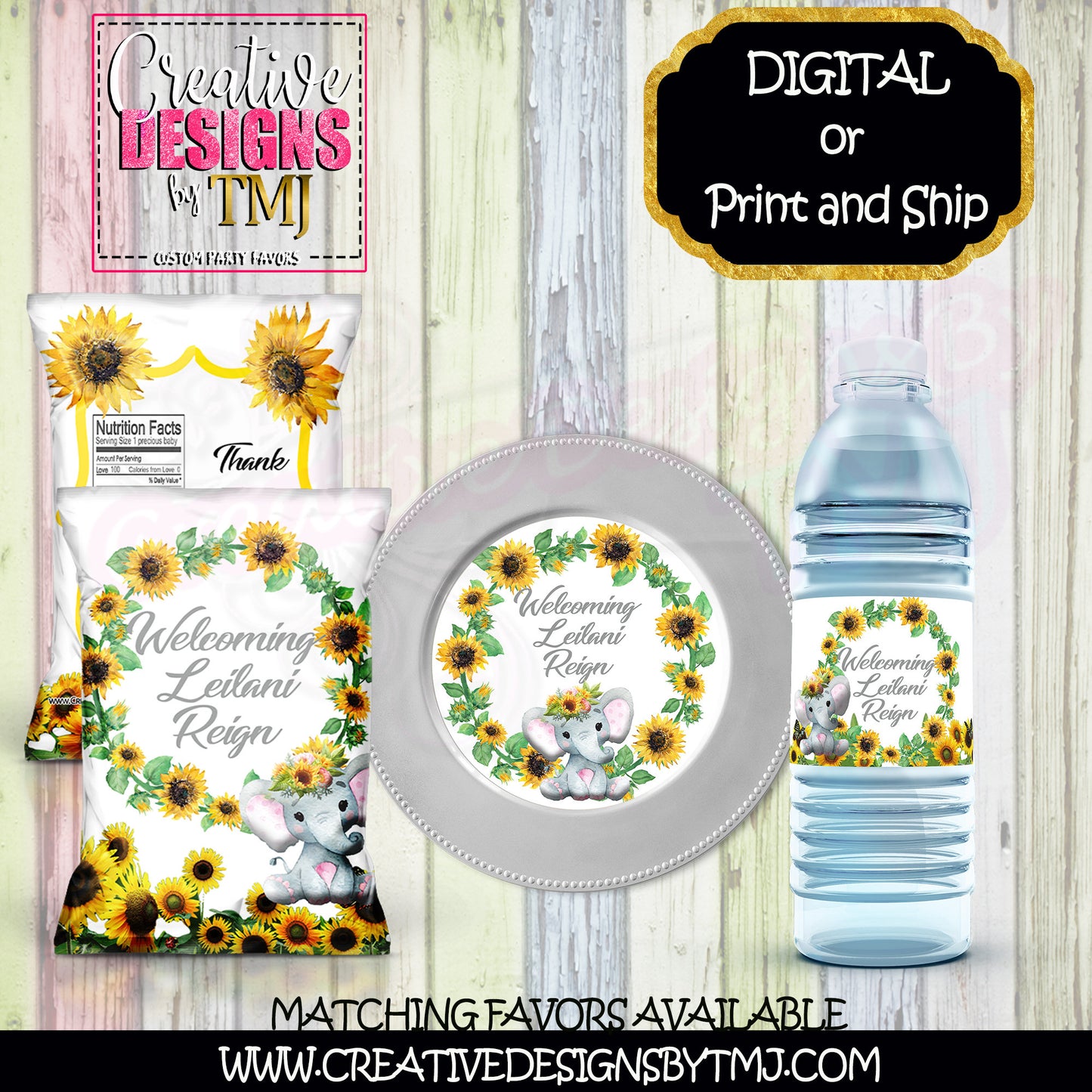 Elephant Sunflower Chip Bag Elephant Chip Bags Elephant Party Favor Sunflower Favor Sunflower Baby Shower favor Elephant Baby Shower