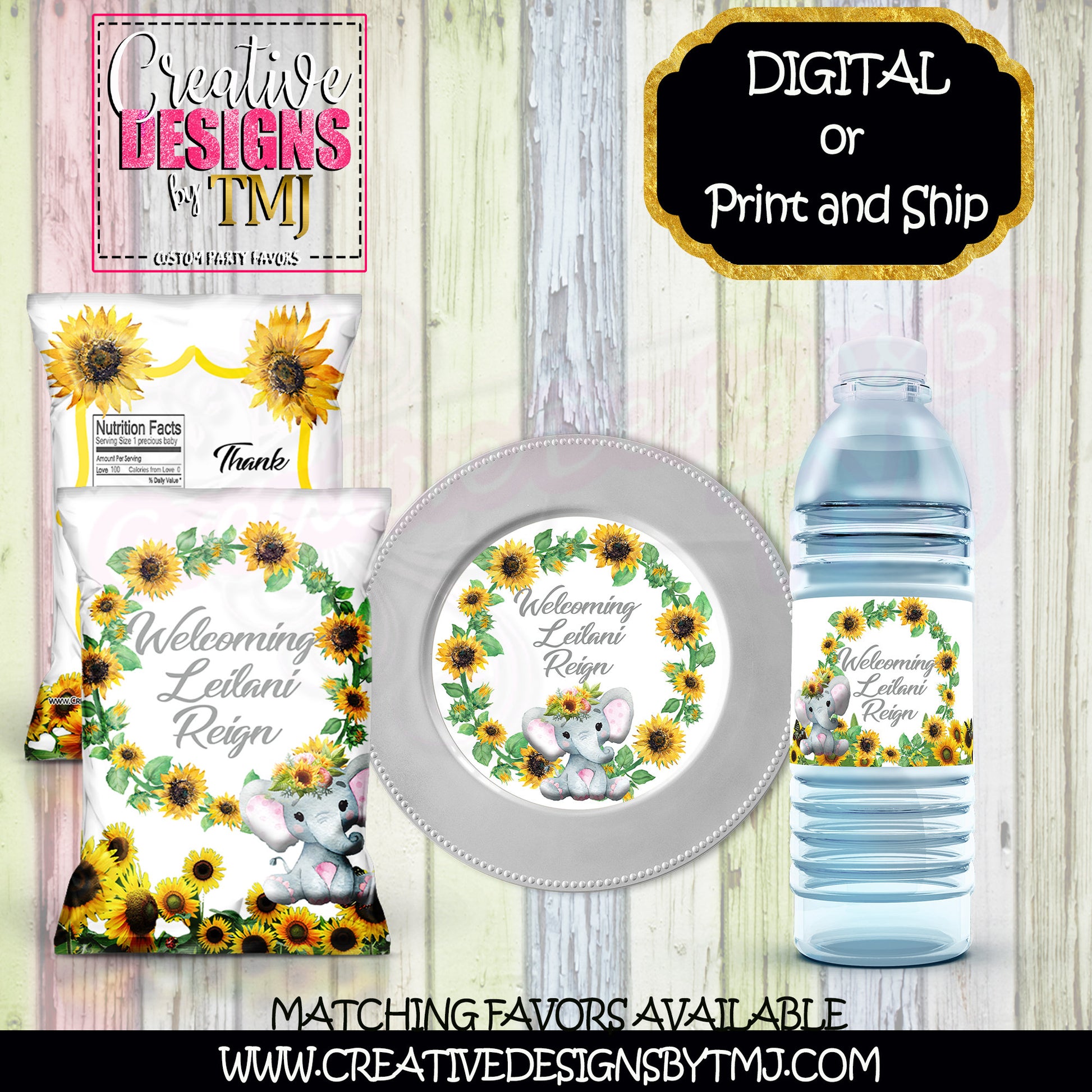 Elephant Sunflower Chip Bag Elephant Chip Bags Elephant Party Favor Sunflower Favor Sunflower Baby Shower favor Elephant Baby Shower