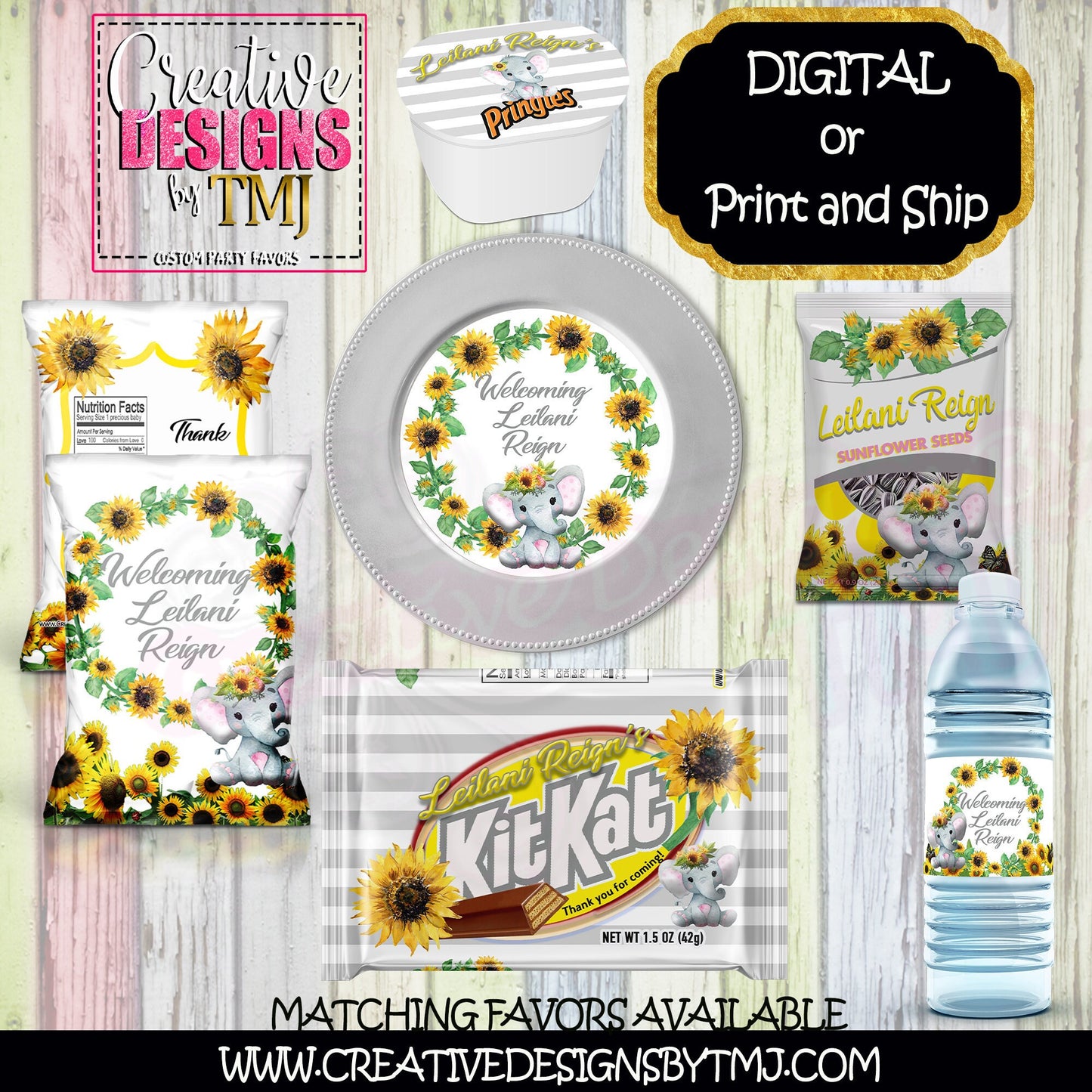 Elephant Sunflower Chip Bag Elephant Chip Bags Elephant Party Favor Sunflower Favor Sunflower Baby Shower favor Elephant Baby Shower