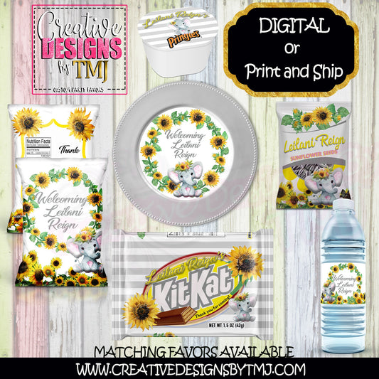 Elephant Sunflower Chip Bag Elephant Chip Bags Elephant Party Favor Sunflower Favor Sunflower Baby Shower favor Elephant Baby Shower