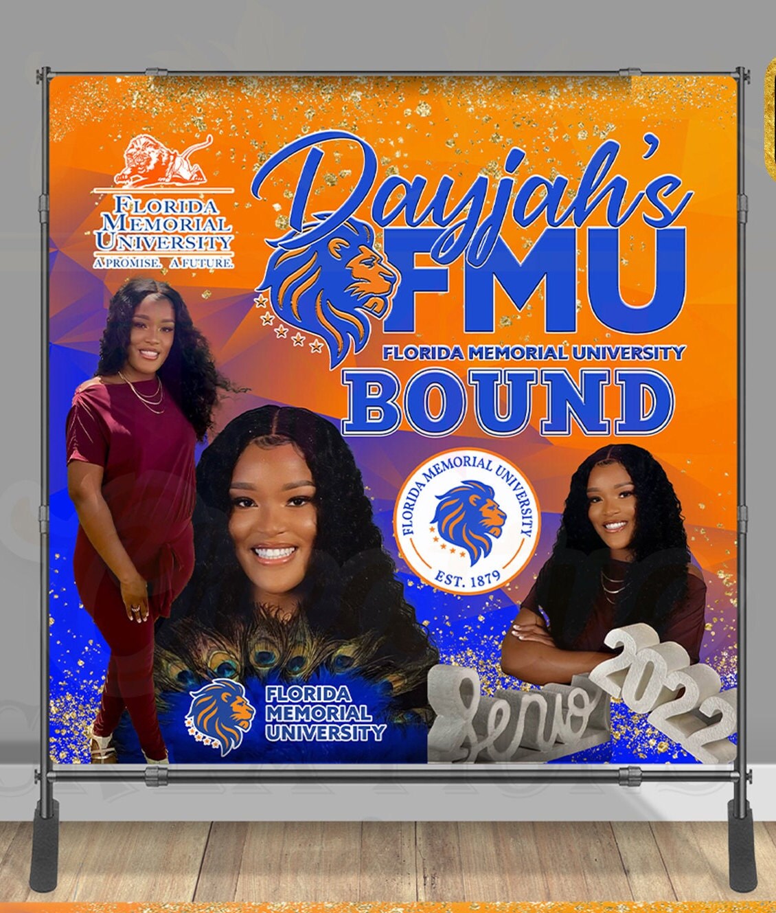 GRADUATION Floor Decal Trunk Party Backdrop Graduation Party Idea Florida Floor Sticker Orange and Blue Banner FMU Graduation Trunk Party