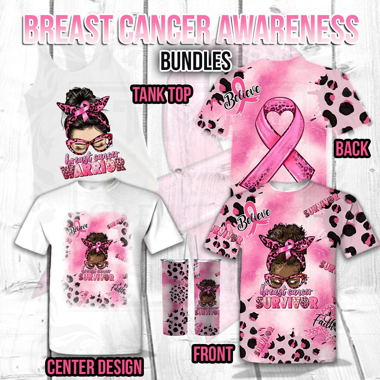 BREAST Cancer SURVIVOR Or WARRIOR Messy Bun T-Shirt and Tumbler Bundle Breast Cancer Allover Shirt Cancer Tumbler Bundle Cancer 3D Shirt