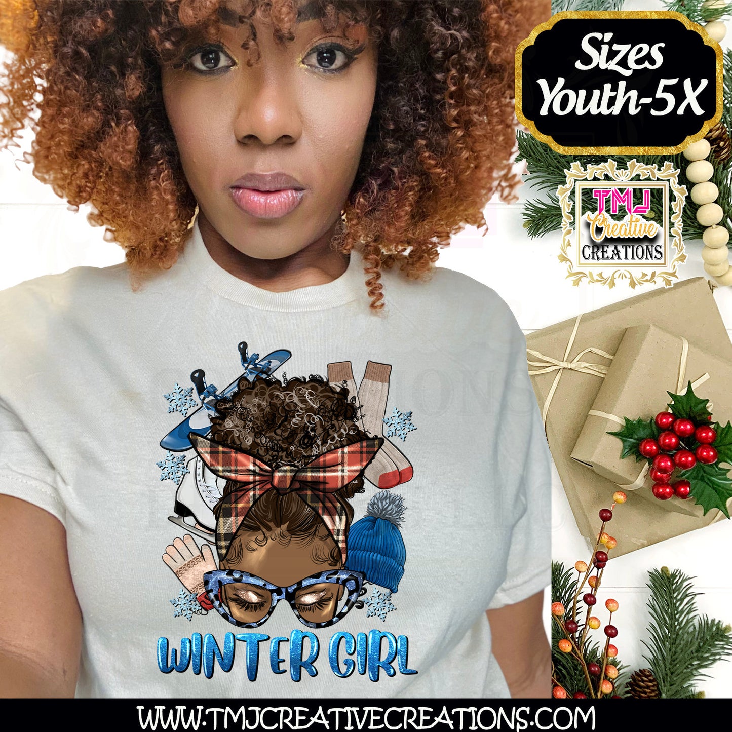 Blue Winter Wonderland Afro Girl T-Shirt Christmas T-Shirts Holiday Messy Bun T-Shirt Holiday Shirt African American Christmas Shirt