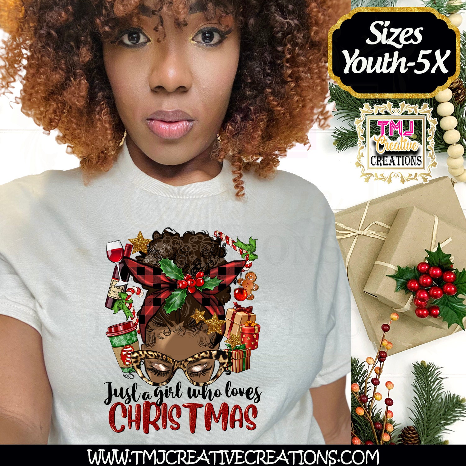 Just a Girl Who Love Christmas T-Shirt CHRISTMAS T-Shirts Holiday MESSY BUN T-Shirt Holiday Shirt African American Christmas Shirt Dread Loc