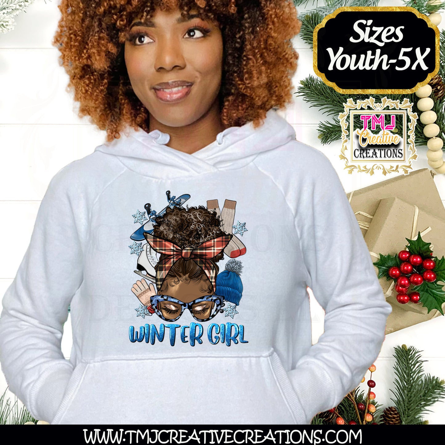 Blue Winter Wonderland Afro Girl T-Shirt Christmas T-Shirts Holiday Messy Bun T-Shirt Holiday Shirt African American Christmas Shirt