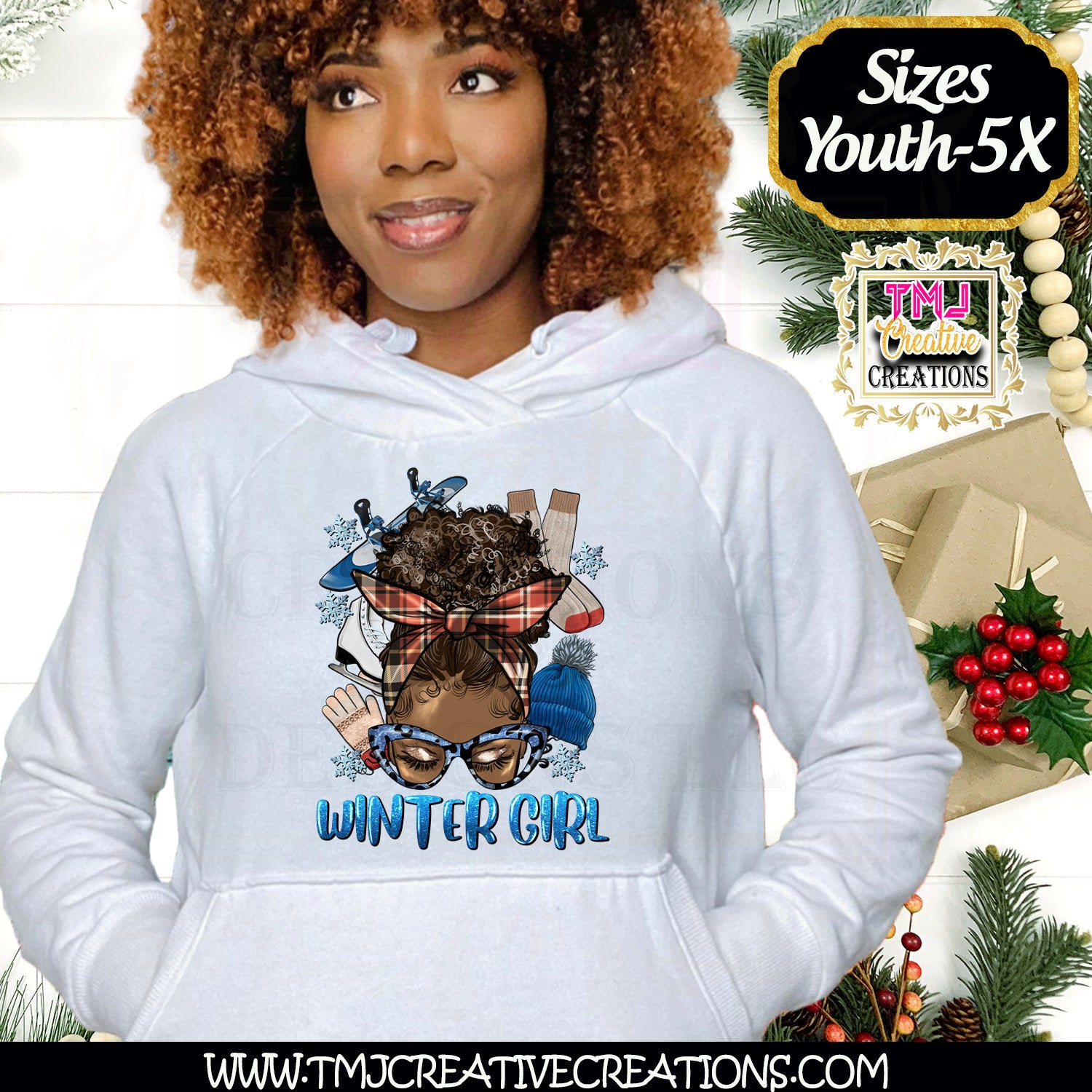 Blue Winter Wonderland Afro Girl T-Shirt Christmas T-Shirts Holiday Messy Bun T-Shirt Holiday Shirt African American Christmas Shirt